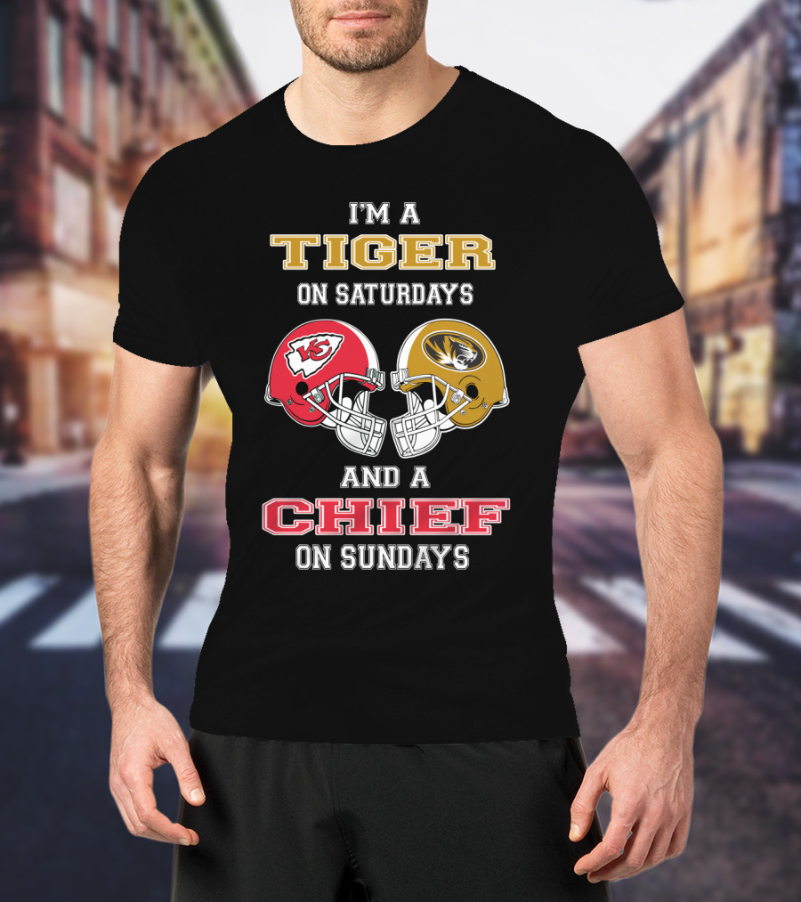 I'm A Tiger On Saturdays And A Chief On Sundays Missouri Kansas City Football Helmets T-Shirt