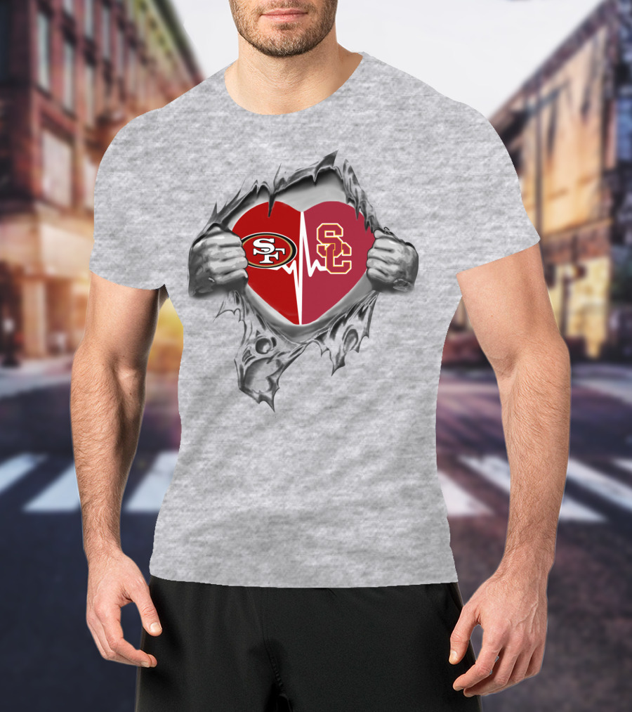 49Ers Trojans Heartbeat With SF And SC T-Shirt