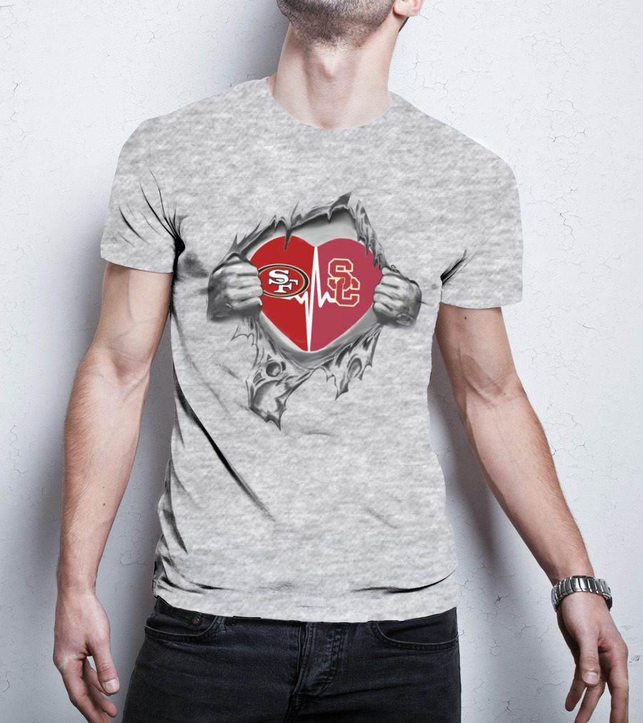 49Ers Trojans Heartbeat With SF And SC T-Shirt
