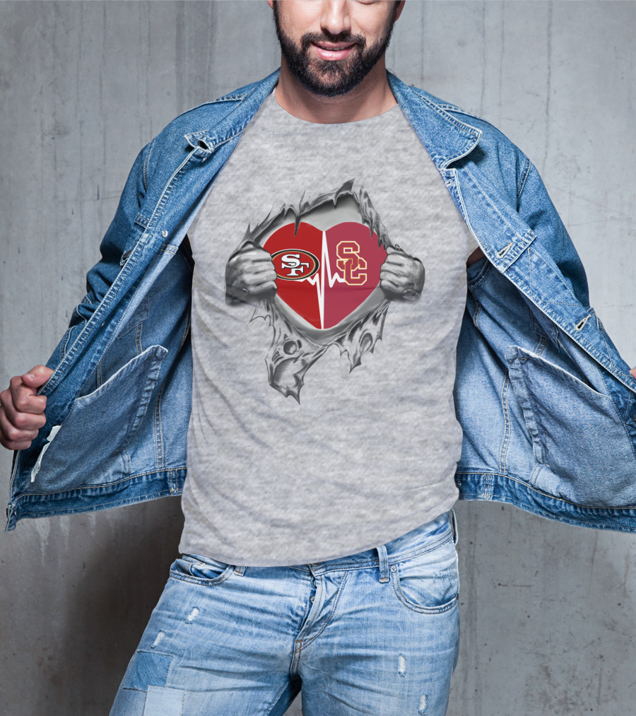 49Ers Trojans Heartbeat With SF And SC T-Shirt