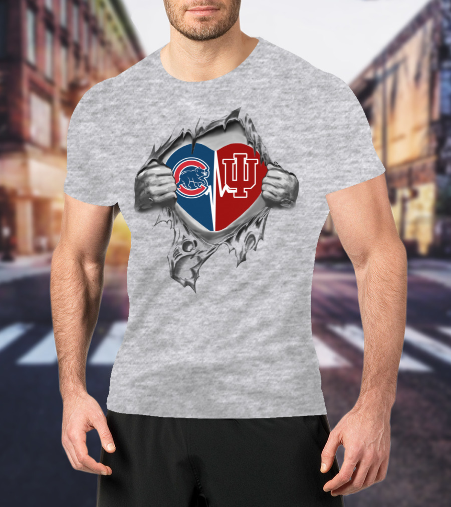 Cubs Hoosiers Heart Tear Featuring Cubs And Indiana Logos T-Shirt