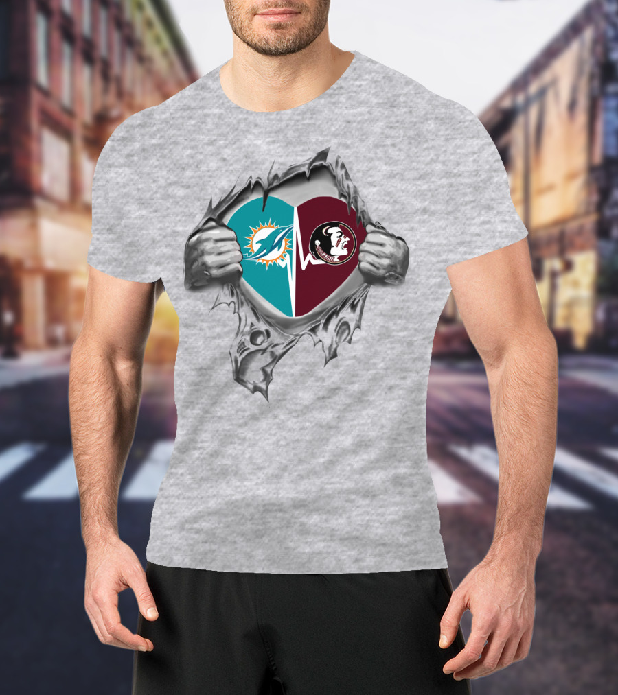 Heart Of Dolphins And Seminoles Logos Torn Open T-Shirt