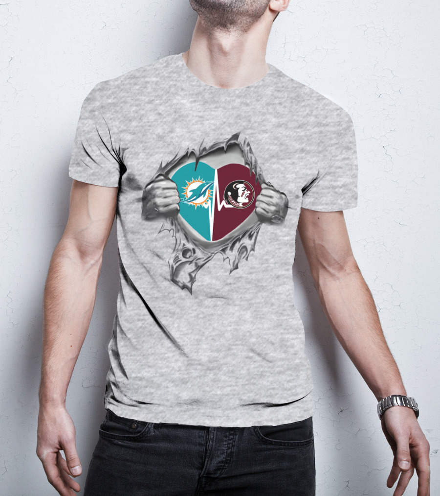 Heart Of Dolphins And Seminoles Logos Torn Open T-Shirt