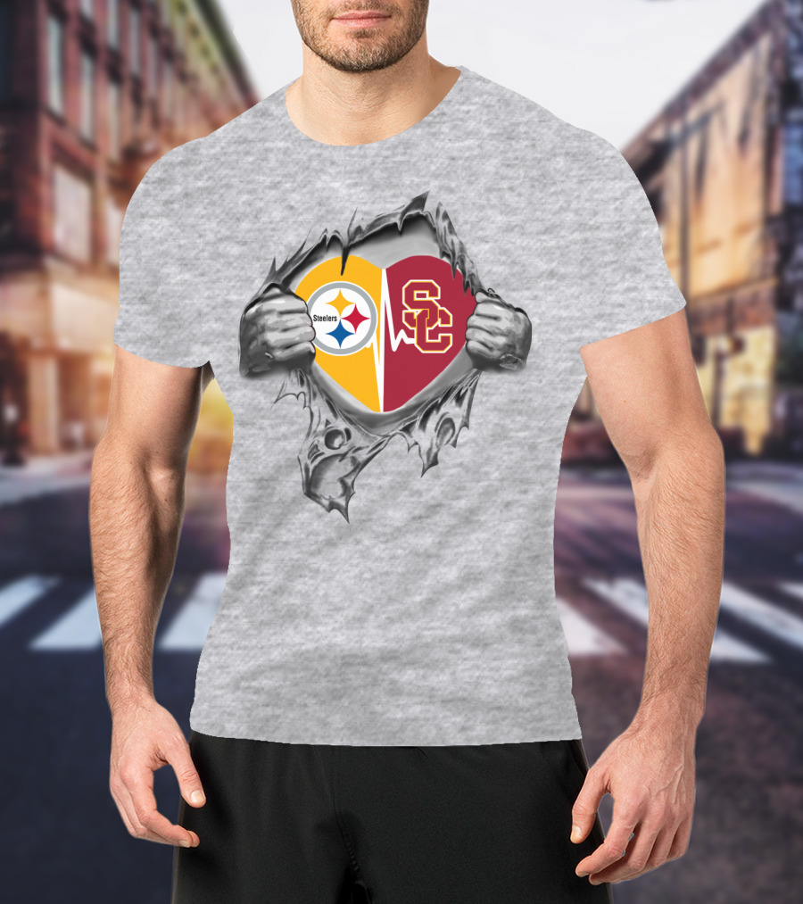 Steelers Trojans Heart Peel Steelers Emblem Trojan T-Shirt