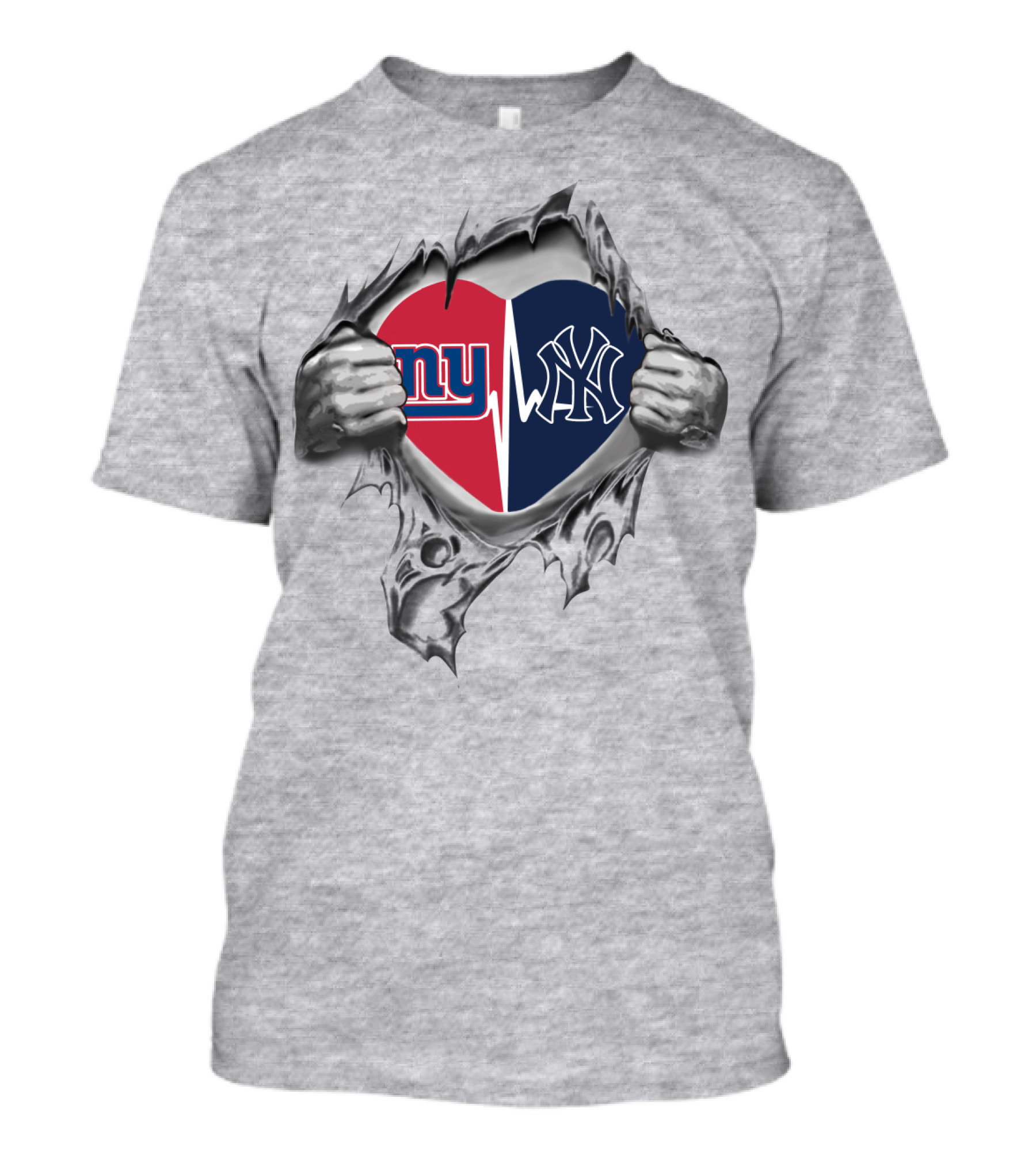 Ny Giants Ny Yankees Heartbeat Split Logo Tear T-Shirt