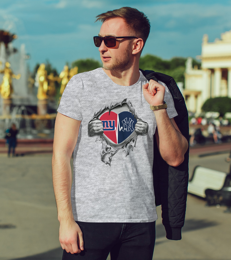 Ny Giants Ny Yankees Heartbeat Split Logo Tear T-Shirt