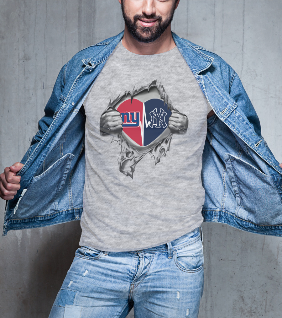 Ny Giants Ny Yankees Heartbeat Split Logo Tear T-Shirt