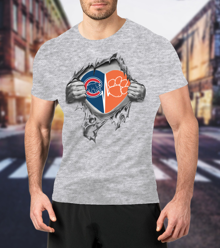 Cubs Clemson Tigers Heart Hands Peeling Logo Combination T-Shirt