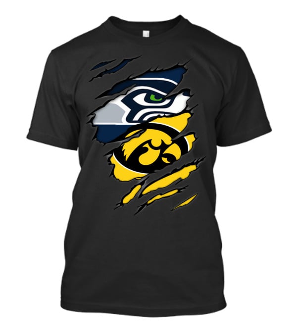 Seahawks And Iowa Hawkeyes Logos In Torn Ripped Style T-Shirt