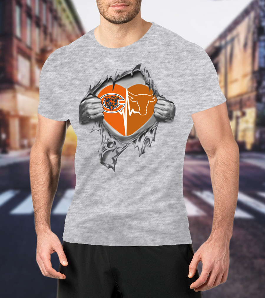 Bears Longhorn Heart With Team Logos Torn By Hands T-Shirt