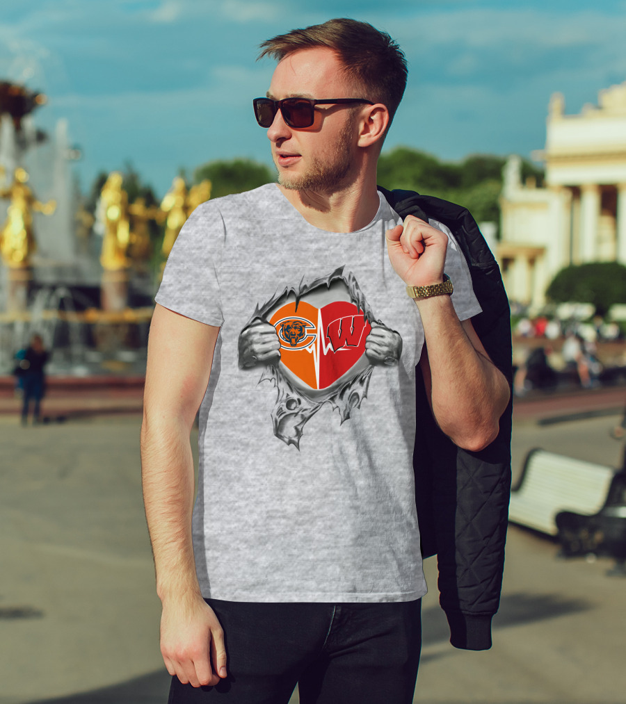 Bears Badgers Heart Chicago Wisconsin Football Pride T-Shirt