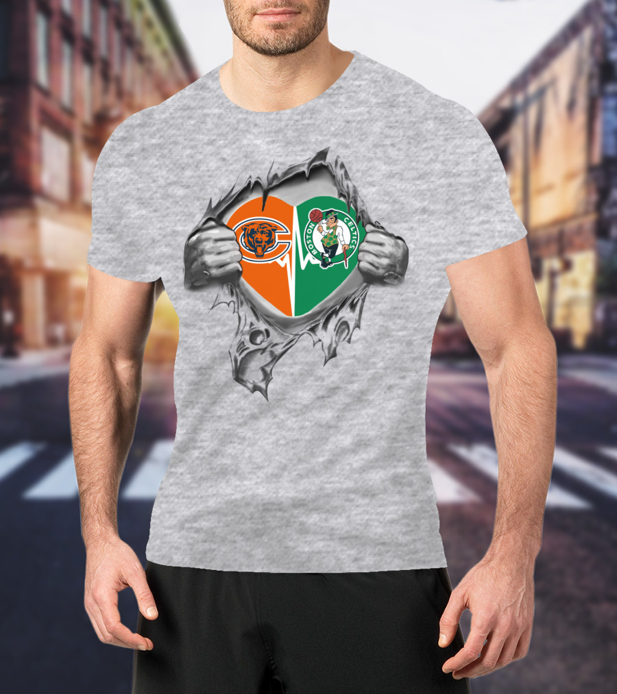Bears Celtics Heart Logo With Hands Ripping Split Heart T-Shirt