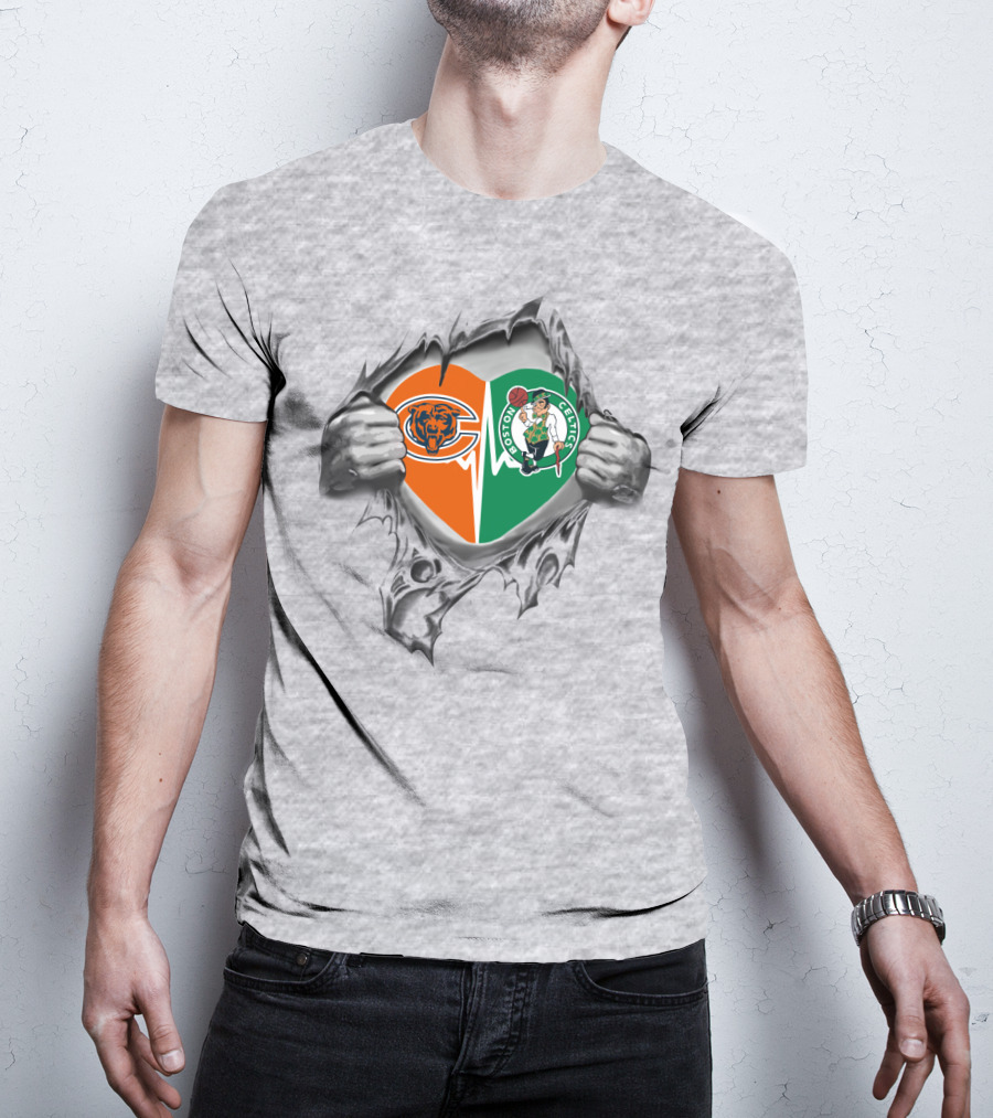 Bears Celtics Heart Logo With Hands Ripping Split Heart T-Shirt