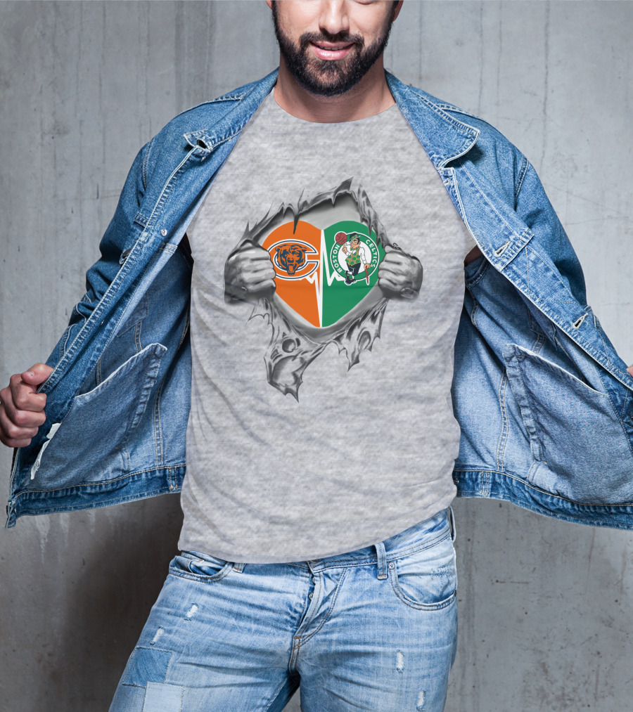 Bears Celtics Heart Logo With Hands Ripping Split Heart T-Shirt