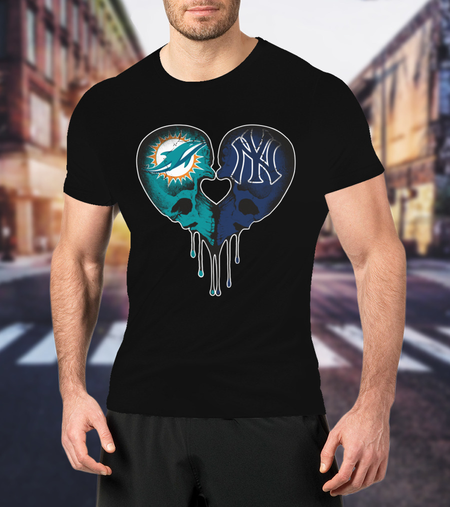 Dolphins Yankees Skull Heart Love T-Shirt
