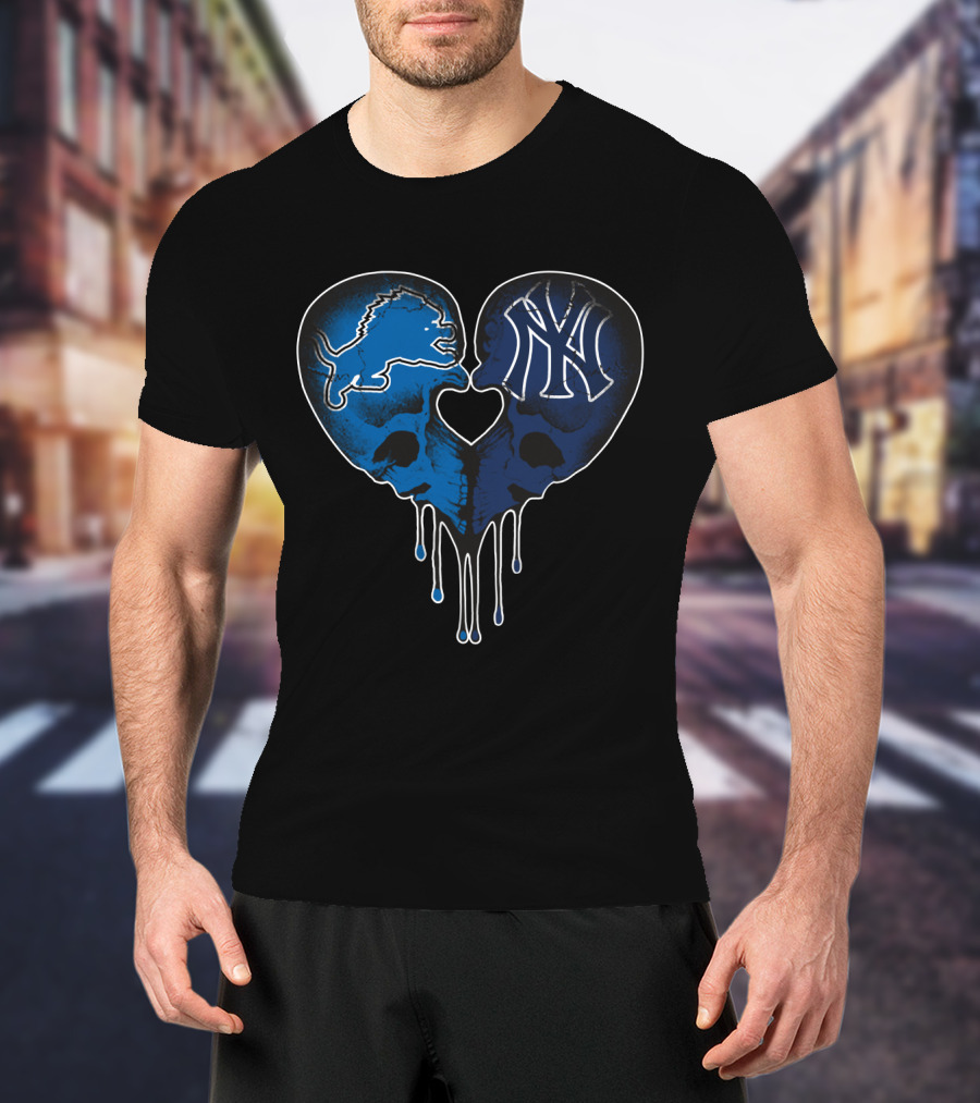 Detroit Lions New York Yankees Skull Heart Fusion T-Shirt