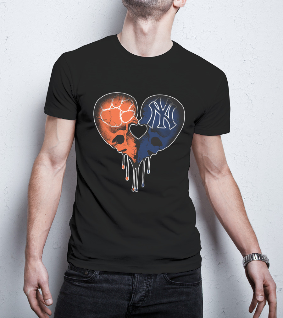Clemson Tigers Skull And Yankees Skull Heart Love T-Shirt