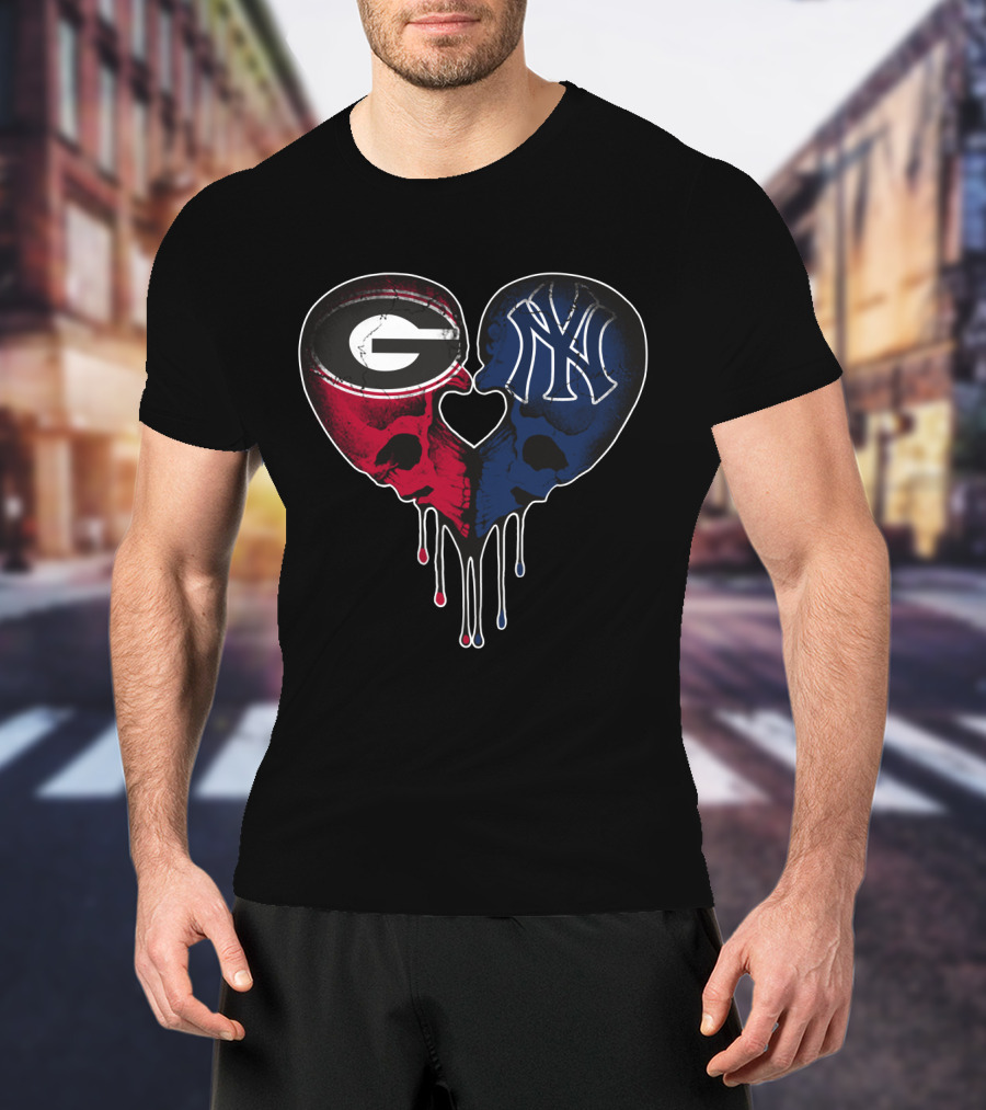 Georgia Bulldogs Yankees Dripping Skull Heart T-Shirt