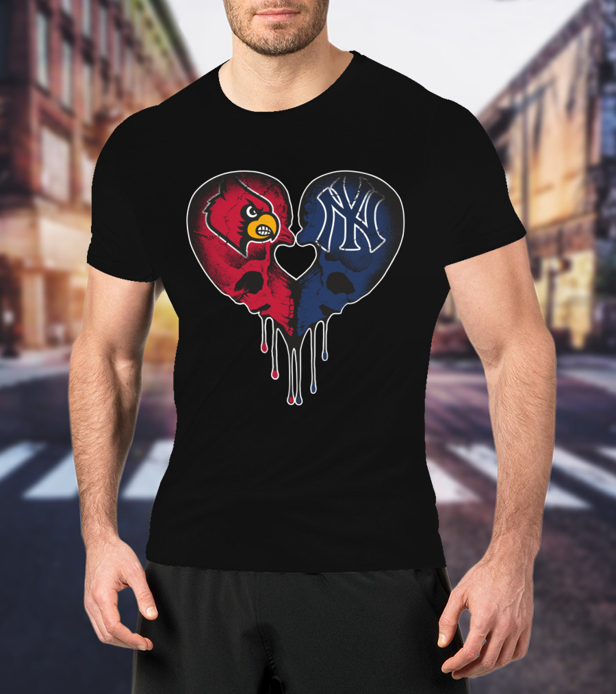 Yankees Louisville Cardinals Skull Heart Fusion T-Shirt
