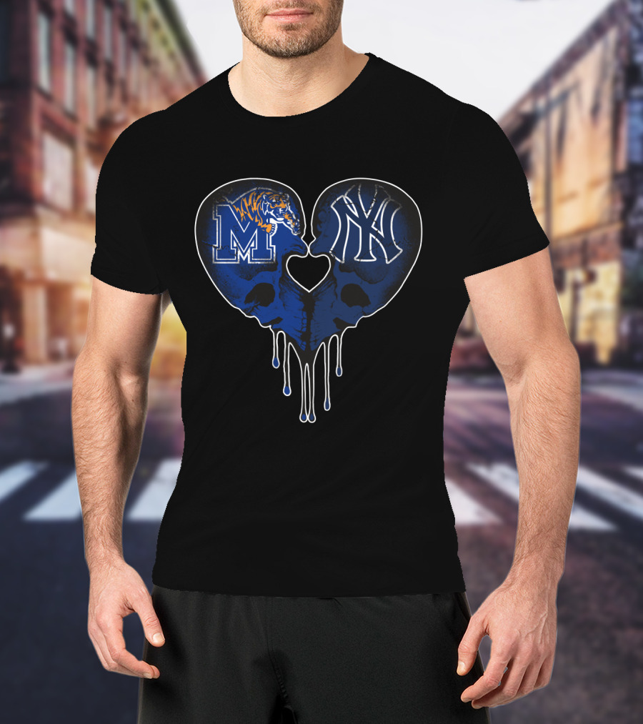 Yankees Memphis Tigers Skull Heart Drip T-Shirt