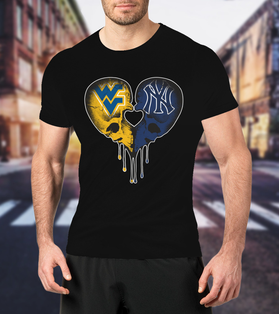 West Virginia Yankees Skull Heart WVU NY Logo Fusion Love T-Shirt