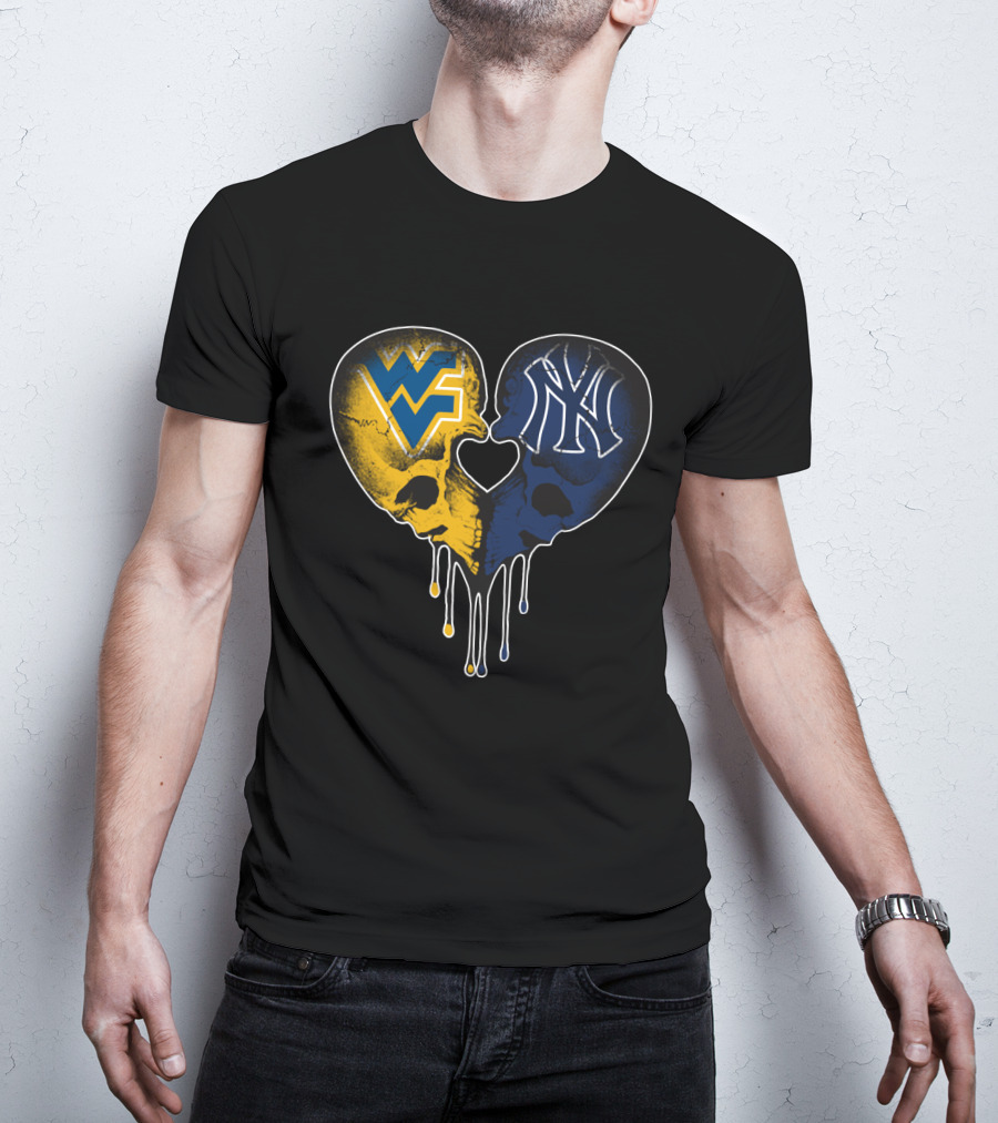 West Virginia Yankees Skull Heart WVU NY Logo Fusion Love T-Shirt