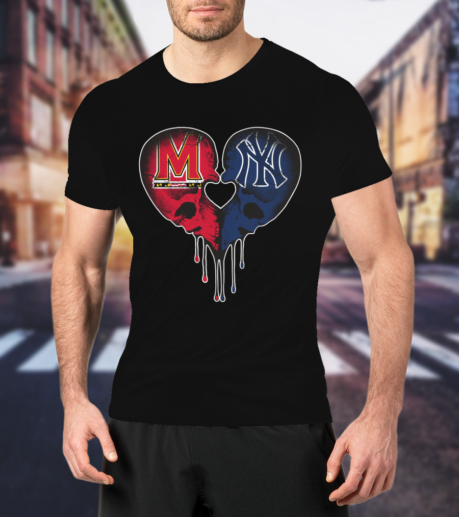 Maryland And Yankees Skull Heart Fusion T-Shirt