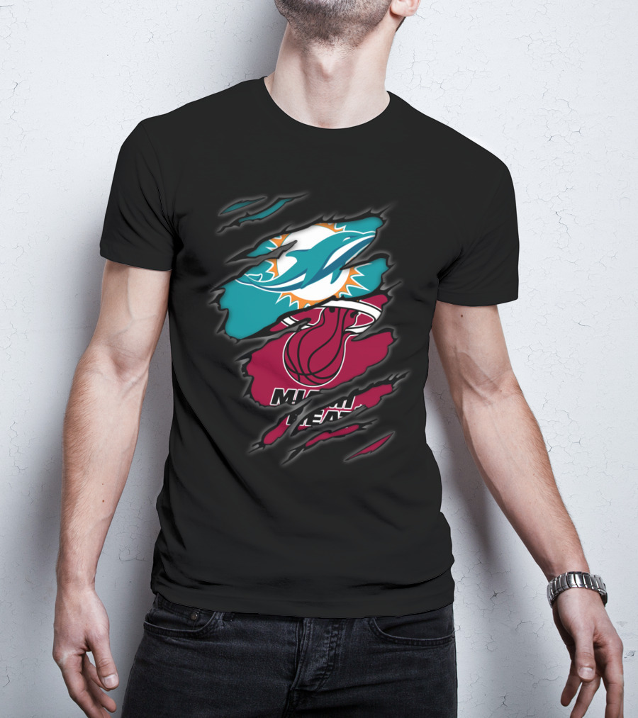Miami Dolphins Miami Heat Crossover Collaboration Logos T-Shirt