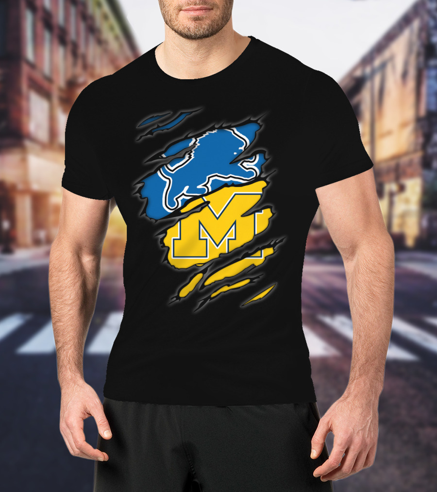 Detroit Lions Michigan Wolverines Football Fan Logo Crossover T-Shirt