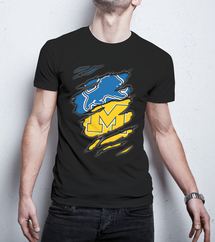 Detroit Lions Michigan Wolverines Football Fan Logo Crossover T-Shirt