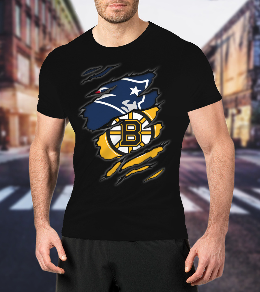 Patriots Bruins Torn Team Fusion New England Boston Sports Logos T-Shirt