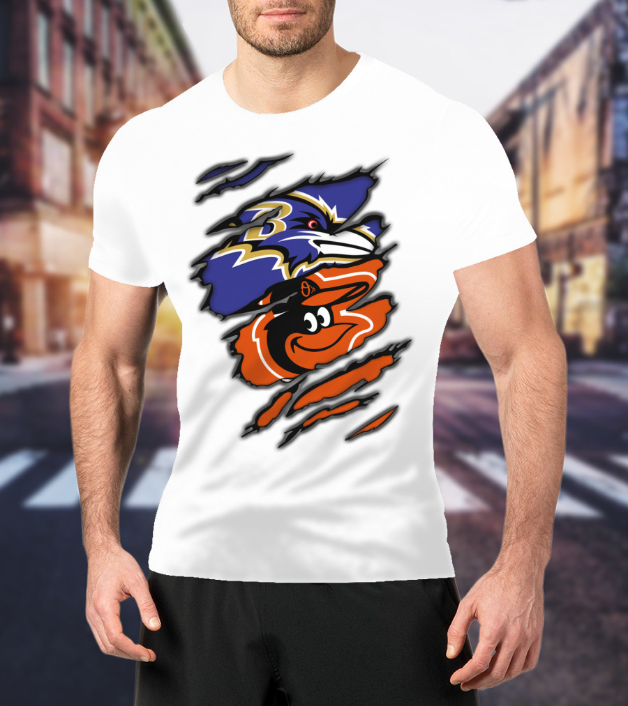 Baltimore Ravens Orioles Logos Ripped T-Shirt