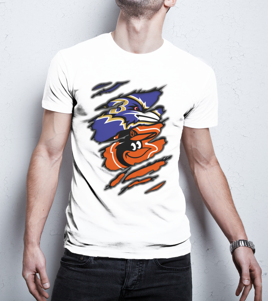 Baltimore Ravens Orioles Logos Ripped T-Shirt