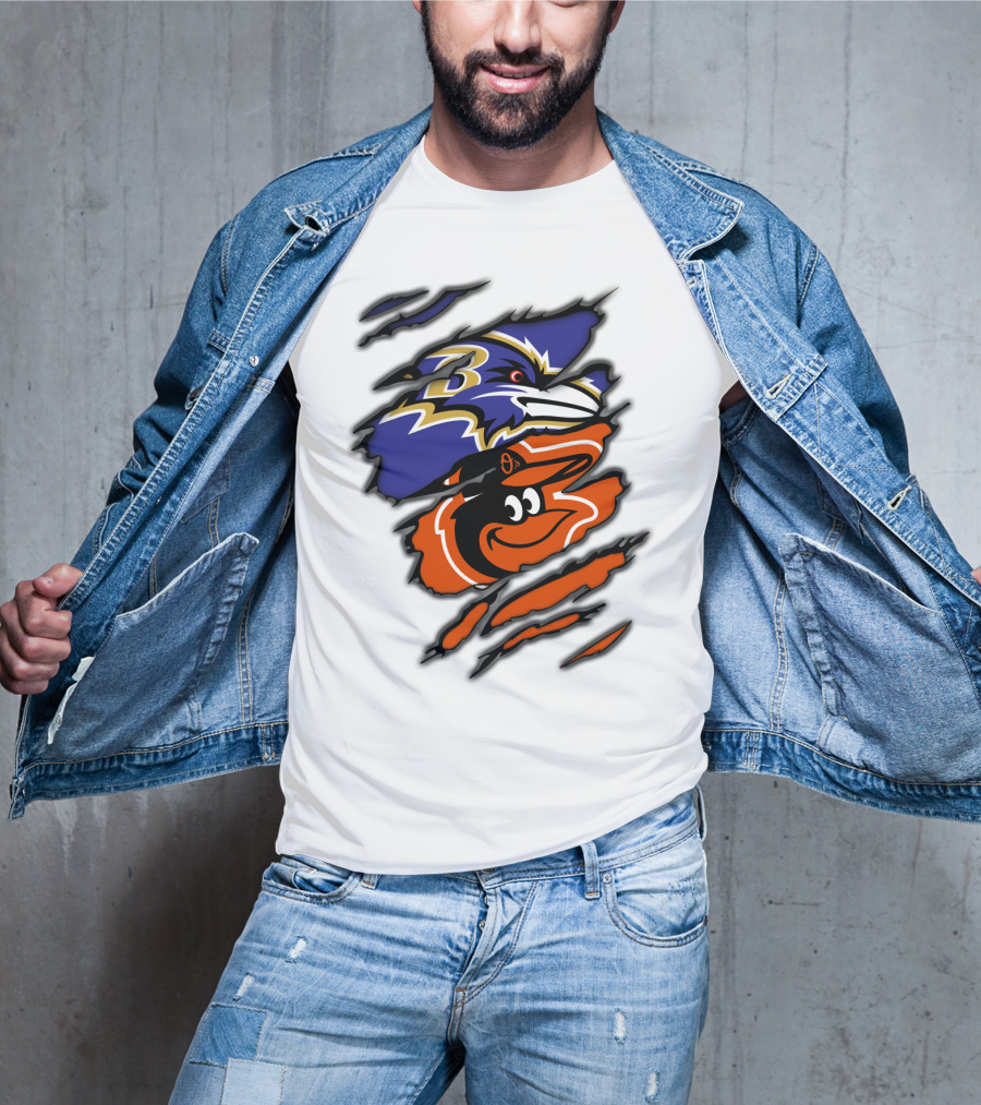 Baltimore Ravens Orioles Logos Ripped T-Shirt