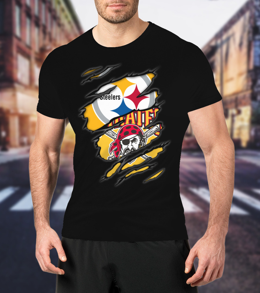 Steelers Pirates Logo Mashup Ripped Effect T-Shirt
