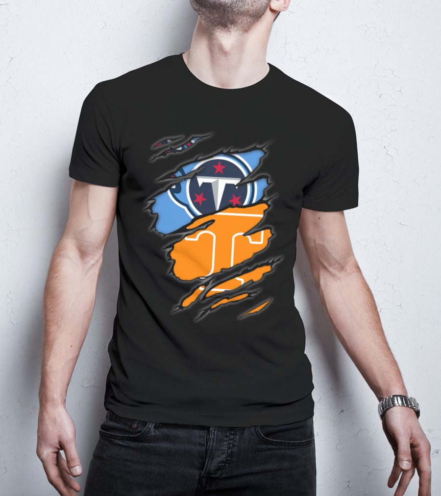 Tennessee Titans Volunteers Ripped Dual Logo Football Team Fan Gear T-Shirt
