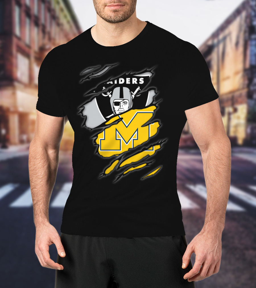 Raiders Oakland Helmet With Michigan Block M Fusion T-Shirt