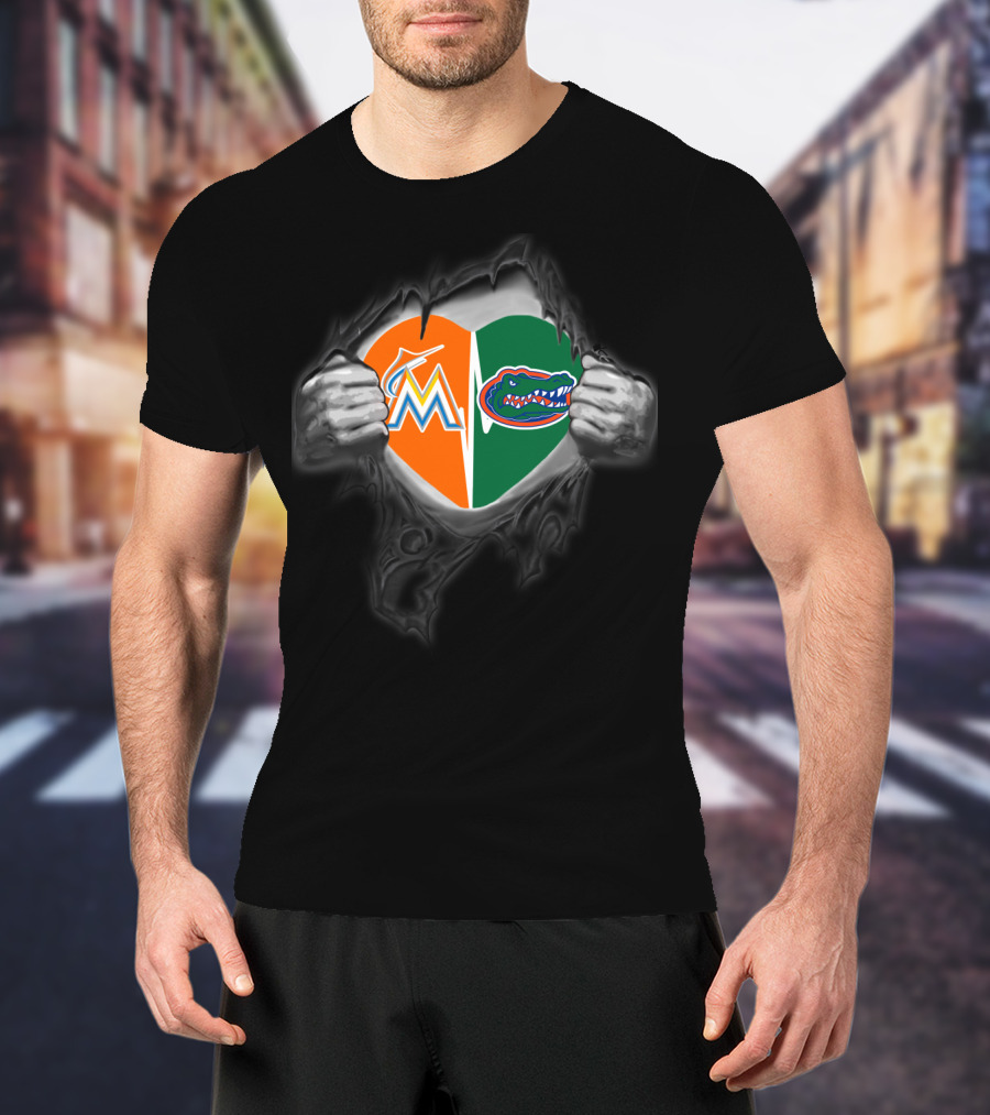 Marlins Gators Heart Split Logo Combo T-Shirt