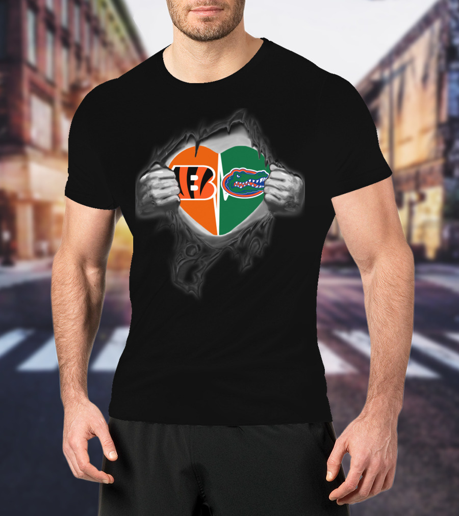 Bengals Gators Heart Logo Split With Tear Effect T-Shirt