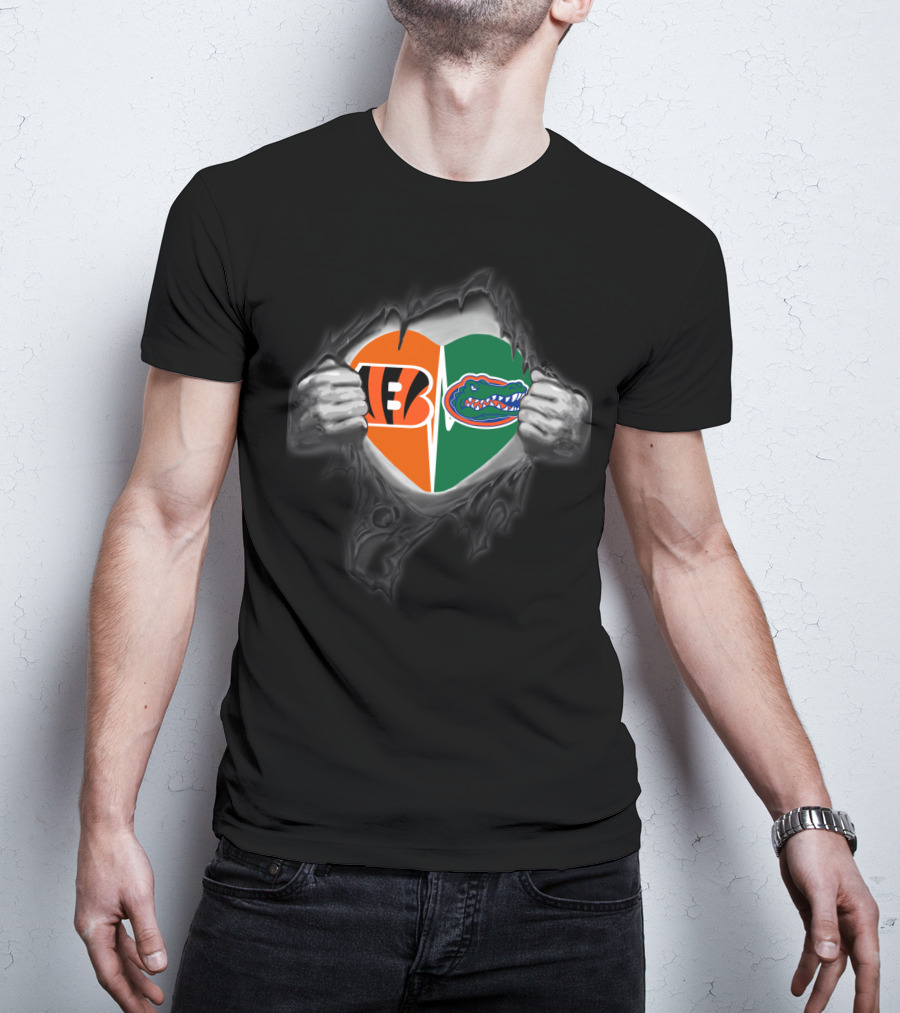 Bengals Gators Heart Logo Split With Tear Effect T-Shirt