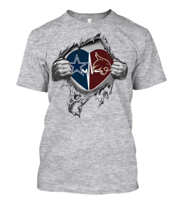 Cowboys Star And Bobcat Heart In Torn Paper Texas Style T-Shirt