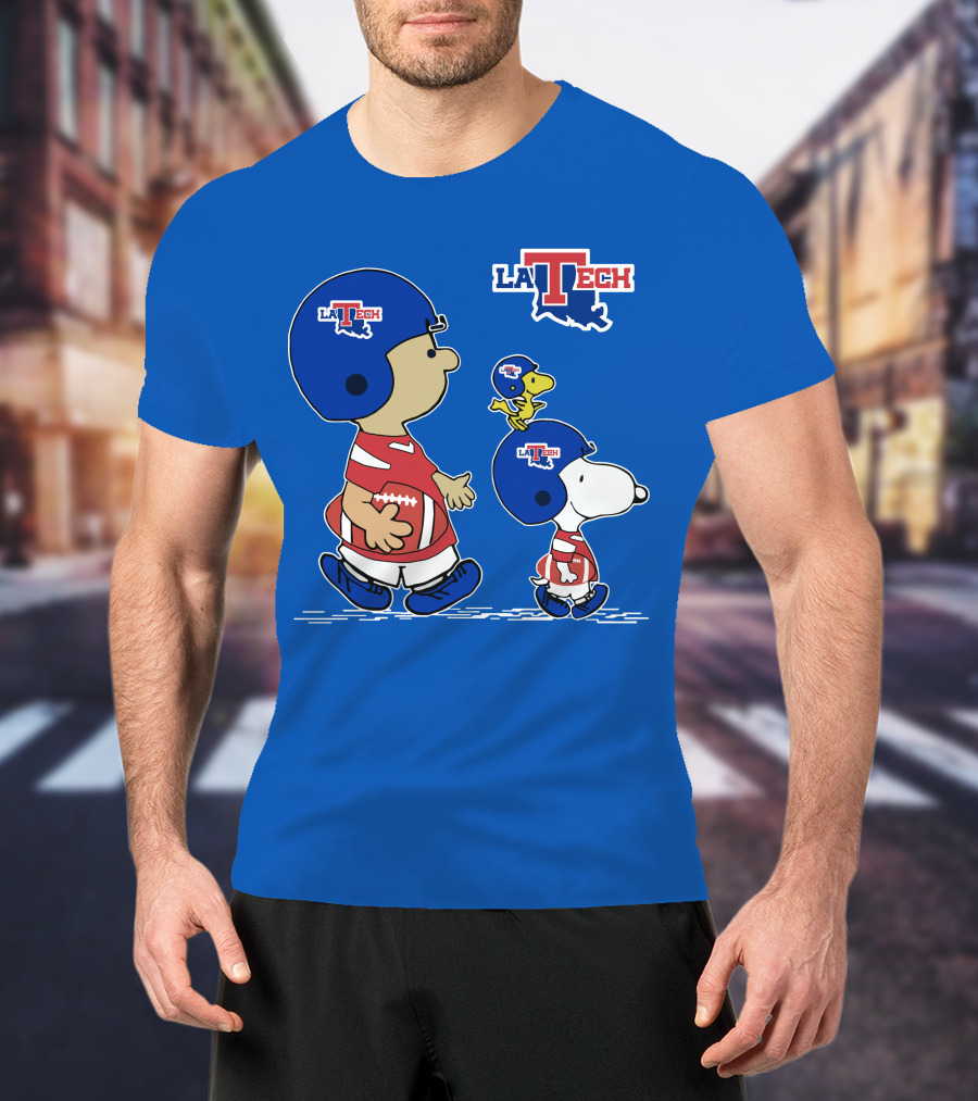 LA Tech Snoopy Football Helmet With Woodstock And Charlie Brown T-Shirt