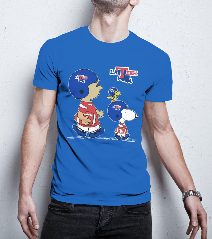 LA Tech Snoopy Football Helmet With Woodstock And Charlie Brown T-Shirt