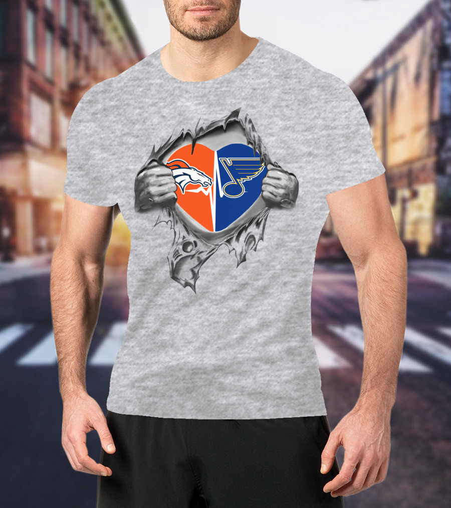 Broncos St. Louis Blues Heart Logo Combination T-Shirt