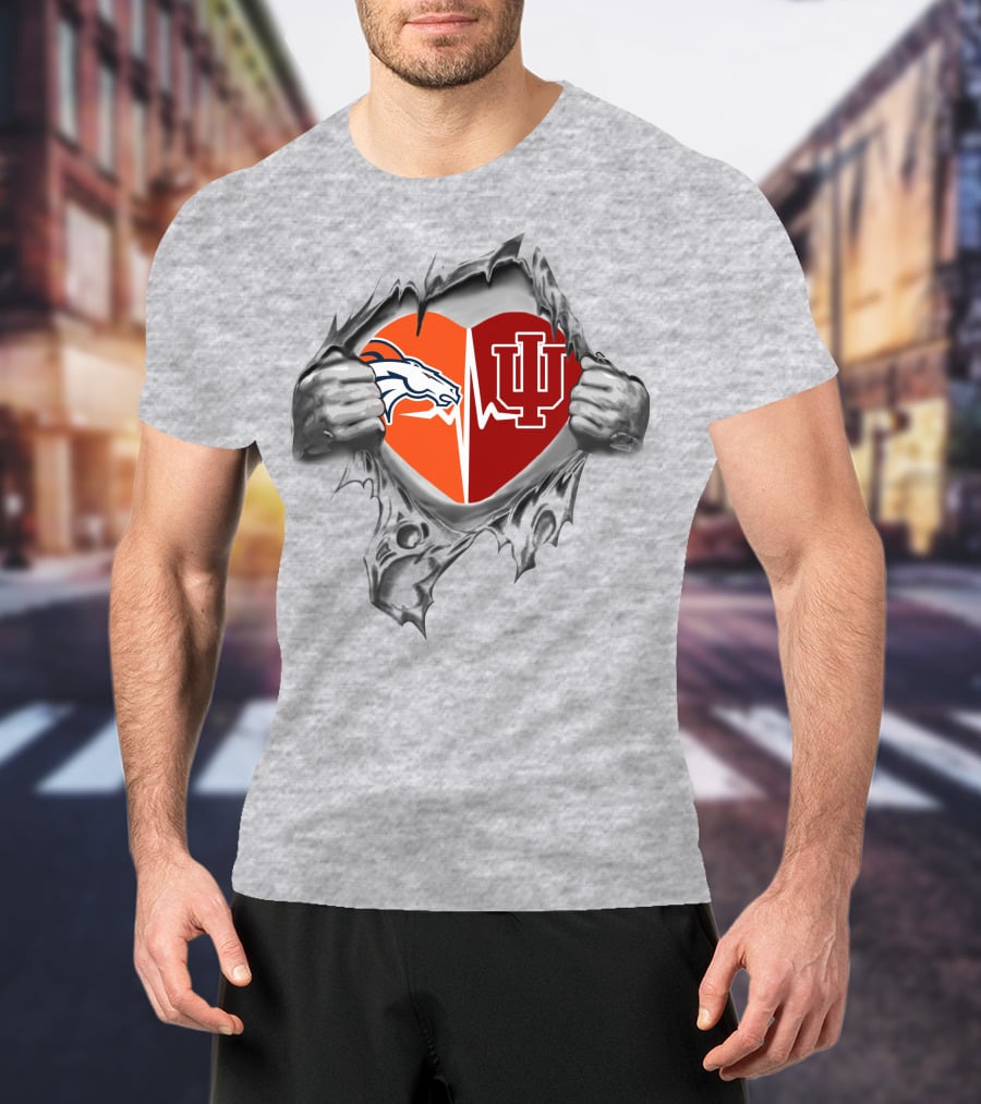 Broncos And Hoosiers Heart Emblem With Split Logos And Ekg Line Featuring Passion And Loyalty T-Shirt