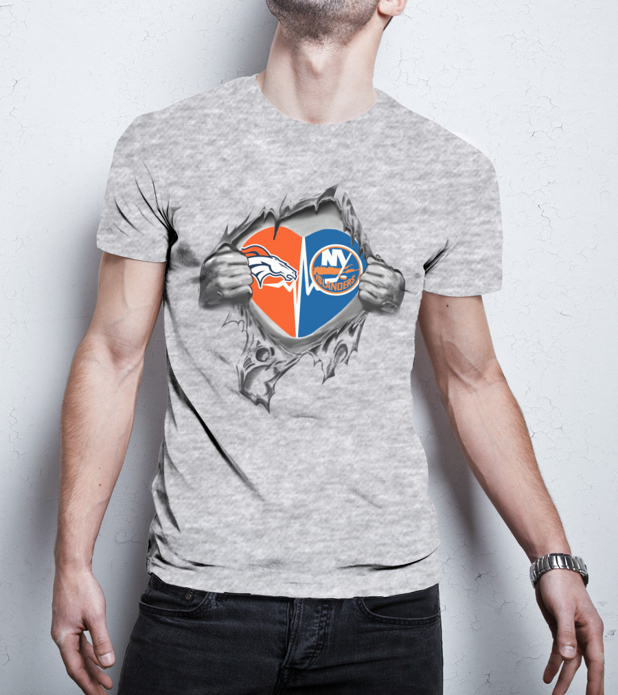 Broncos Islanders Heart Ripped Open Passion Nfl Nhl Team Spirit T-Shirt