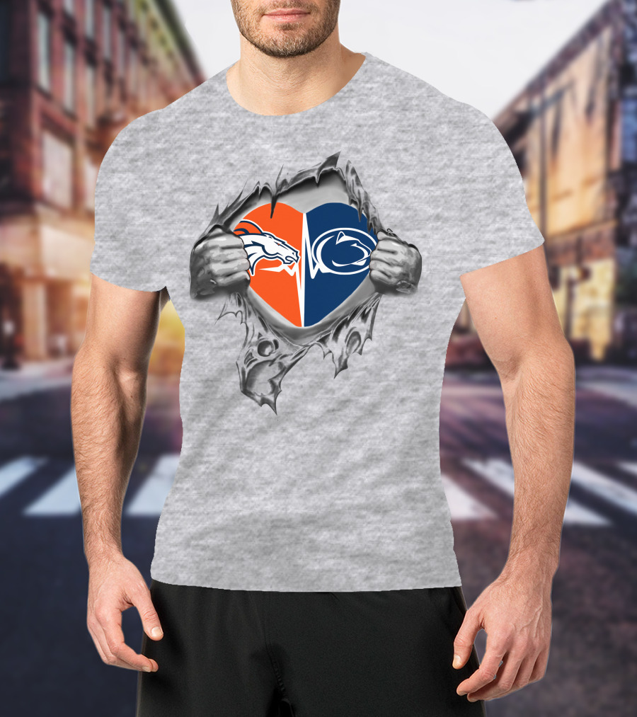 Broncos Penn State Heart Logos Tearing Hands Silver T-Shirt