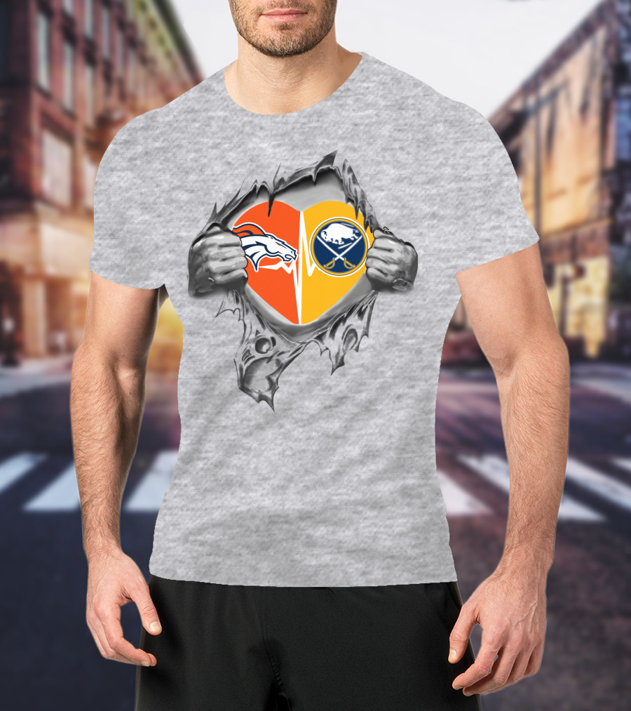 Broncos Sabres Heart Passion Logo With Hands Tearing T-Shirt