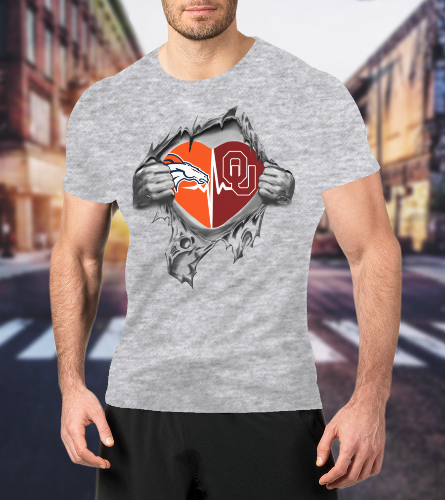 Broncos Sooners Heartbeat Logo Inside Ripped Chest T-Shirt
