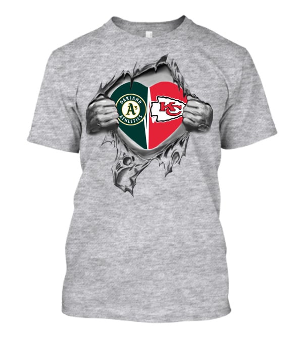 Oakland Athletics Kansas City Chiefs Heart Tearing Fan Pride T-Shirt